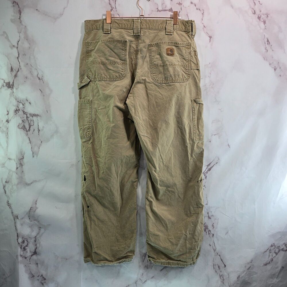 Carhartt Pants Mens 34 X 30 Khaki Tan Canvas Straight Dugaree Fit Destroyed